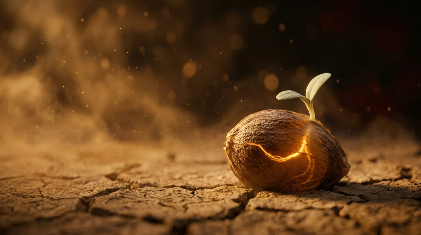 A single seed on cracked earth, a vein of gold light glowing within it, a first green sprout emerging, as a warm dust-storm settles around it.